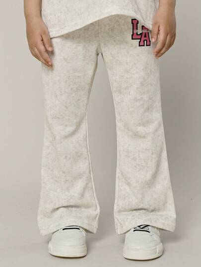 تيشيرتات بناتي 2 قطعة/طقم قميص قصير الأكمام وبنطال طباعة حروف للفتيات الصغيرات، ملابس كاجوال