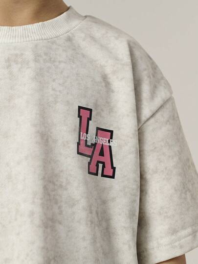 تيشيرتات بناتي 2 قطعة/طقم قميص قصير الأكمام وبنطال طباعة حروف للفتيات الصغيرات، ملابس كاجوال