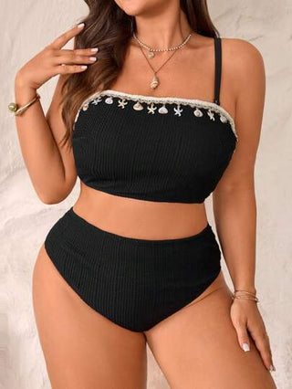 Swim Vcay بلوزة وبيكيني بطبعات صدفة وانجم البحر قابل للفك ذو خصر عالي، مجموعة ملابس سباحة للسيدات مقاسات كبيرة, للشاطئ