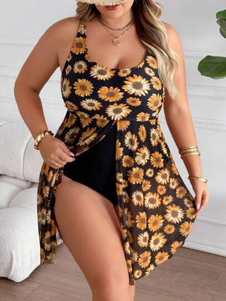 SHEIN CURVE+ بدلة سباحة كاملة مع لوحة شبكية للنساء ذوات الحجم الكبير مزخرفة بطباعة الشمسية للصيف، بدلة سباحة لإجازة الشاطئ