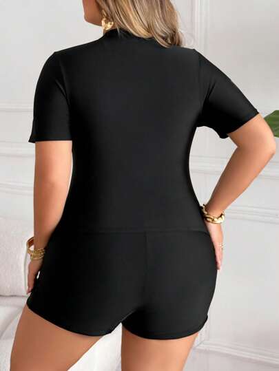 SHEIN CURVE+ بيكيني أسود كامل المقاس للنساء، طقم ملابس السباحة الشاطئية