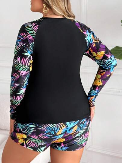 SHEIN CURVE+ بدلة سباحة رياضية للنساء البدينات في الحجم الكبير مكونة من صدرية طويلة الأكمام و شورت، تصميم طباعة كتل ألوان وتصاميم متناسقة، مناسبة لأنشطة البحر واللياقة البدنية