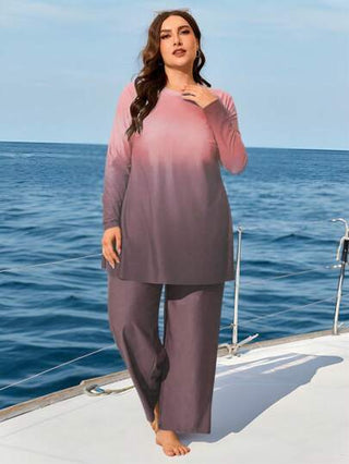 Swim Mulvari طقم بيكيني فضفاض بأكمام طويلة وياقة مستديرة للنساء بطبعات تدرجية ملونة، بقصة مستوحاة من الطراز الشرق أوسطي، مناسب للإستجمام والأجازات'