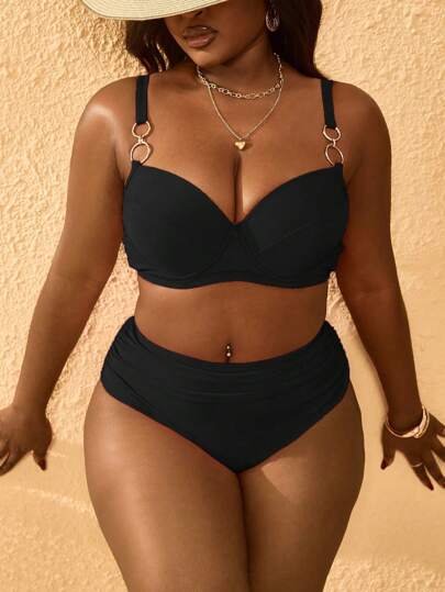 SHEIN Slayr CURVE مجموعة بحر للمرأة البدينة 2 قطعة من الأعلى ذو رقبة هالتر أحادي اللون الأرجواني والأسفل ذو ارتفاع الخصر بطيّات، أناقة وجاذبية للارتداء اليومي