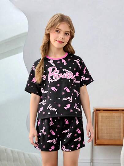 بيجاما مجموعة قميص كم قصير وشورت للنساء والمراهقات باللون الأسود الحد الأدنى والطباعة الزهرية الوردية للارتداء اليومي مكونة من قطعتين