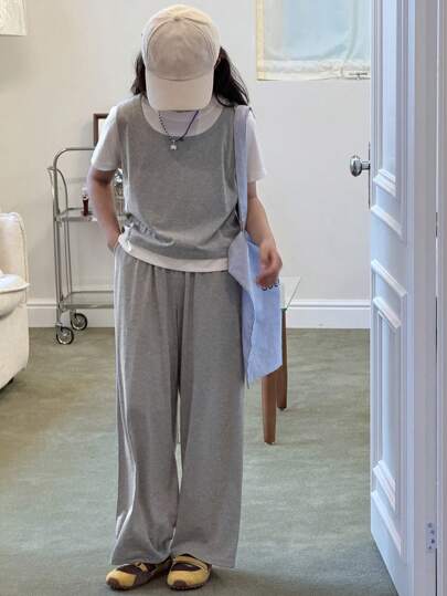 DAZY طقم تي شيرت ذو أكمام قصيرة + بنطلون 2 في 1 للبنات المراهقات، ربيع/صيف، 2 قطعة/مجموعة