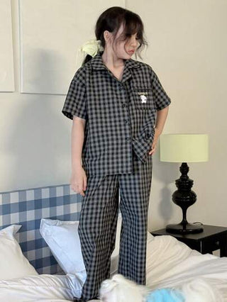 بيجاما DAZY مجموعة بنطلون وبلوزة نوم للبنات المراهقات بطبعة المربعات، أكمام قصيرة مع طوق، بنطلون طويل، للربيع والصيف