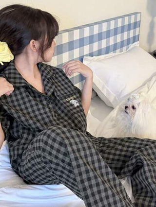 بيجاما DAZY مجموعة بنطلون وبلوزة نوم للبنات المراهقات بطبعة المربعات، أكمام قصيرة مع طوق، بنطلون طويل، للربيع والصيف