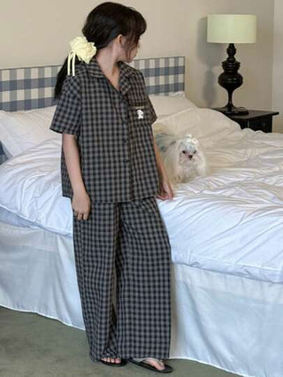 بيجاما DAZY مجموعة بنطلون وبلوزة نوم للبنات المراهقات بطبعة المربعات، أكمام قصيرة مع طوق، بنطلون طويل، للربيع والصيف