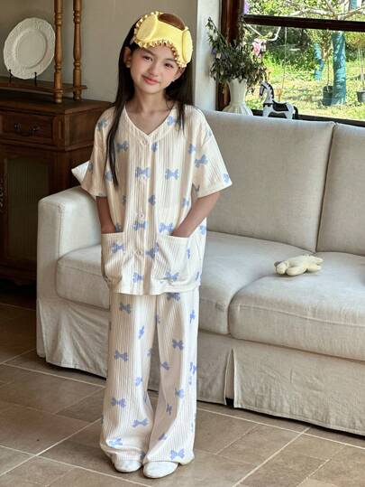 بيجاما DAZY طقم بجامة من قمصان بكم قصير ذات طباعة كاملة وبنطلون للفتيات قبل المراهقين، للربيع / الصيف بقطعتين