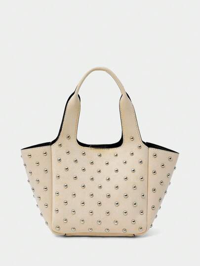 SHECARRY حقيبة كتف وحقيبة يد ذات سعة كبيرة مزينة بالدبابيس للنساء بطراز رائع