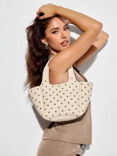 SHECARRY حقيبة كتف وحقيبة يد ذات سعة كبيرة مزينة بالدبابيس للنساء بطراز رائع