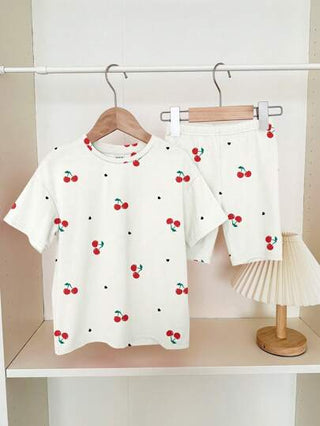 girls-sets مجموعتين ملابس نسائية تحتوي على T-shirt مطبوع بقلب الكرز وقصيرة, ملابس صيفية كاجوال بسيطة