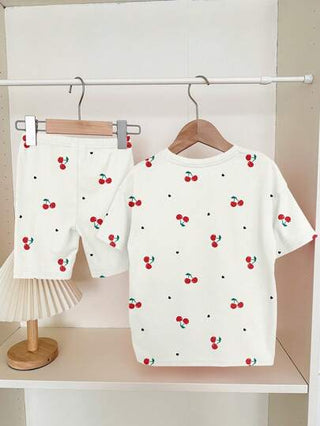 girls-sets مجموعتين ملابس نسائية تحتوي على T-shirt مطبوع بقلب الكرز وقصيرة, ملابس صيفية كاجوال بسيطة