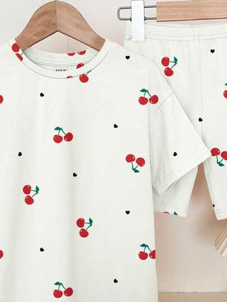 girls-sets مجموعتين ملابس نسائية تحتوي على T-shirt مطبوع بقلب الكرز وقصيرة, ملابس صيفية كاجوال بسيطة