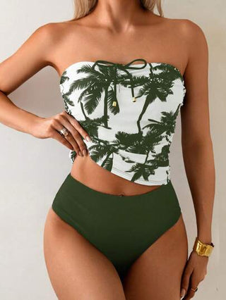 طقم تانكيني حريمي Swim Lushoire مجموعة 2 قطعة بنمط أشجار جوز الهند مطبوع على توب قصير وشورت سباحة بلون أحادي لإطلالة صيفية عفوية لعطلة الربيع 2025