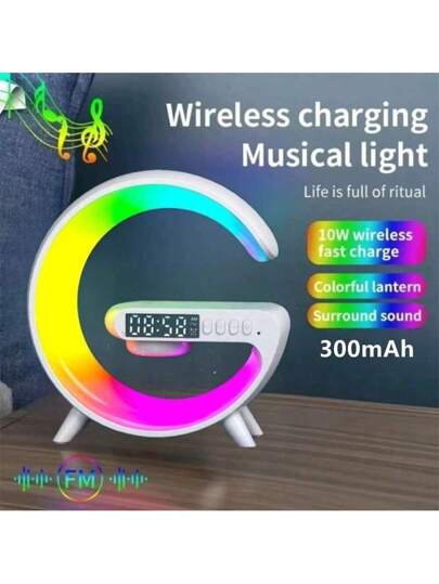 شاحن لاسلكي قاعدة جهاز توب بصوت بلوتوث وإضاءة RGB ساعة منبه لجهاز آيفون، محطة شحن سريع، سماعات بلوتوث لاسلكية متعددة الوظائف بإضاءة ملونة وساعة ومكبر صوت بلوتوث