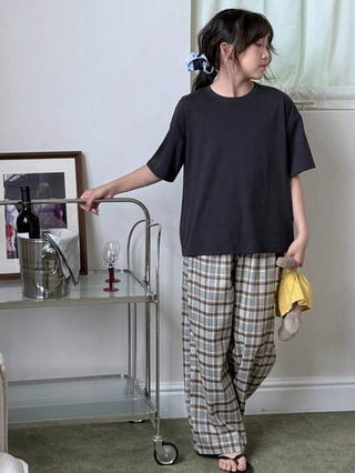 بيجاما DAZY بنطلون طويل مربع المطبوعات + قميص نصف كم كريو نيك محبوك باللون الصلب للفتيات الكبار، مجموعة للربيع/الصيف