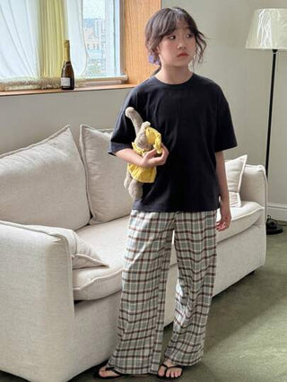 بيجاما DAZY بنطلون طويل مربع المطبوعات + قميص نصف كم كريو نيك محبوك باللون الصلب للفتيات الكبار، مجموعة للربيع/الصيف