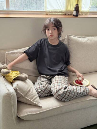 بيجاما DAZY بنطلون طويل مربع المطبوعات + قميص نصف كم كريو نيك محبوك باللون الصلب للفتيات الكبار، مجموعة للربيع/الصيف