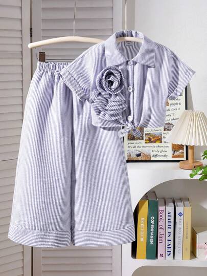 تيشيرتات بناتي مجموعة قميص وبنطلون قصير الأكمام مخطط مربع أسلوب معقد وجودة عالية للبنات (صغيرة)، طقم ملابس صيفية كاجوال للأطفال قطعتين/مجموعة