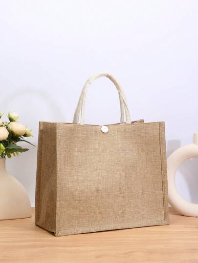 حقيبة قصب بلون أحادي للنساء، سعة كبيرة، مناسبة لنقل البضائع اليومية للنساء في الربيع/الصيف