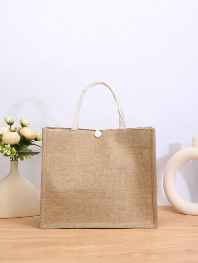 حقيبة قصب بلون أحادي للنساء، سعة كبيرة، مناسبة لنقل البضائع اليومية للنساء في الربيع/الصيف