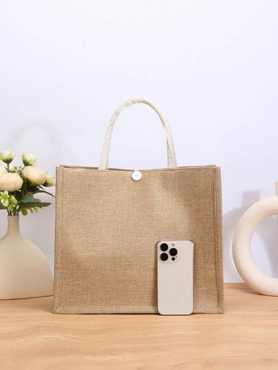 حقيبة قصب بلون أحادي للنساء، سعة كبيرة، مناسبة لنقل البضائع اليومية للنساء في الربيع/الصيف