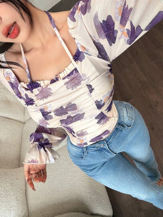 Modelyn العيد بلوزة حريرية مزخرفة بزهور مربوطة في الرقبة ،شيك وأنيق للإجازة