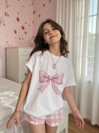 بيجاما مجموعة بيجاما للبنات المراهقات قصيرة الأكمام و البنطلون، رقبة مستديرة، نمط فراشة بسيط مناسب للصيف