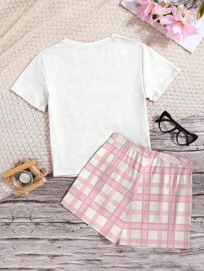 بيجاما مجموعة بيجاما للبنات المراهقات قصيرة الأكمام و البنطلون، رقبة مستديرة، نمط فراشة بسيط مناسب للصيف