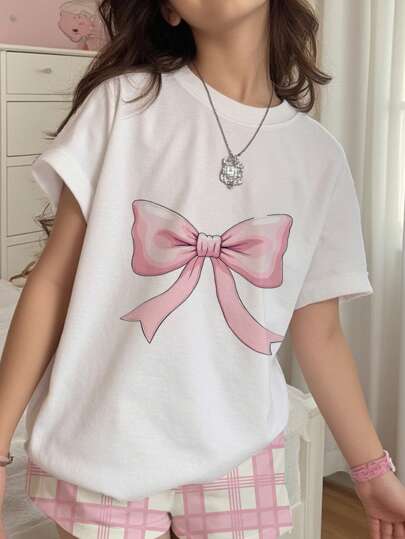 بيجاما مجموعة بيجاما للبنات المراهقات قصيرة الأكمام و البنطلون، رقبة مستديرة، نمط فراشة بسيط مناسب للصيف