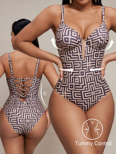 مايوه حريمي قطعة واحدة Shapewave بدلة سباحة نسائية من قطعة واحدة ، لها تحكم في البطن وتأثير رفع للصدر ،مزينة برسومات زهور بني، مصنوعة من شبكة ، أنيقة وكاجوال مناسبة للربيع والصيف والشاطئ والحفلات