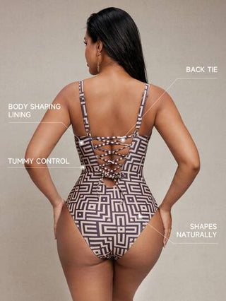 مايوه حريمي قطعة واحدة Shapewave بدلة سباحة نسائية من قطعة واحدة ، لها تحكم في البطن وتأثير رفع للصدر ،مزينة برسومات زهور بني، مصنوعة من شبكة ، أنيقة وكاجوال مناسبة للربيع والصيف والشاطئ والحفلات