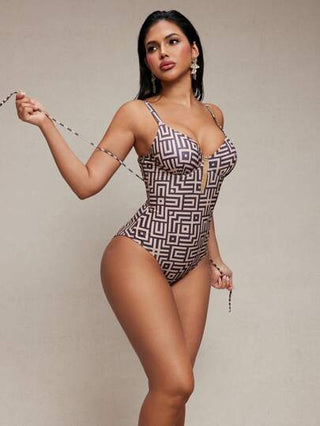 مايوه حريمي قطعة واحدة Shapewave بدلة سباحة نسائية من قطعة واحدة ، لها تحكم في البطن وتأثير رفع للصدر ،مزينة برسومات زهور بني، مصنوعة من شبكة ، أنيقة وكاجوال مناسبة للربيع والصيف والشاطئ والحفلات