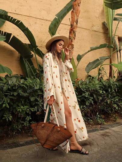 مايوه كيمونو كبير الحجم مطبوع برسم طاووس عتيق وبوهيمي، فضفاض لحجم كبير للاستعمال على الشاطئ والسباحة، صيفي