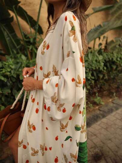 مايوه كيمونو كبير الحجم مطبوع برسم طاووس عتيق وبوهيمي، فضفاض لحجم كبير للاستعمال على الشاطئ والسباحة، صيفي