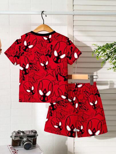 طقم بلوزة قصيرة الأكمام مع صور بطل خارق وشورت لطفل صغير ذكر، أزرق، ملابس صيفية فاسرة