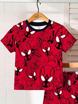 طقم بلوزة قصيرة الأكمام مع صور بطل خارق وشورت لطفل صغير ذكر، أزرق، ملابس صيفية فاسرة