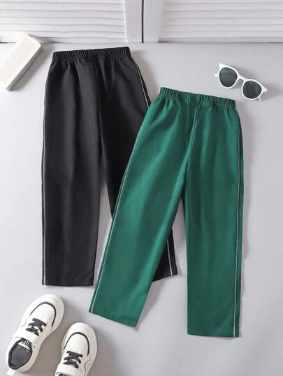 SHEIN Genkimix Kids مجموعة من قطعتين من سراويل الفتى ذات الخطوط المنعكسة بقصة مستقيمة الساق