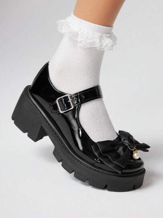 ROMWE Kawaii أحذية نسائية لوافر سوداء مزينة بفيونكة، أحذية جلدية بنمط ماري جين مع سلاسل اللؤلؤ، أحذية ذات كعب منصة ونعل سميك بطراز لوليتا الحلو، أحذية بنمط طالبات المدارس اليابانيات