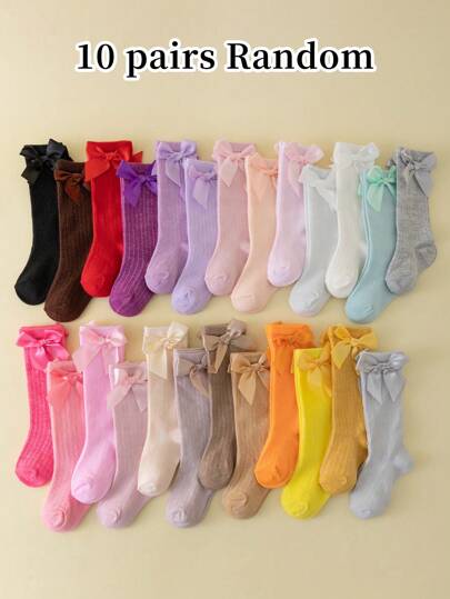 10 أزواج من الجوارب المزينة بفيونكات زهرية لفتيات الأطفال، جوارب طويلة للركبة للأطفال، جوارب طويلة للأطفال الرضع والمواليد الجدد، جوارب لطيفة للأطفال في الربيع والصيف
