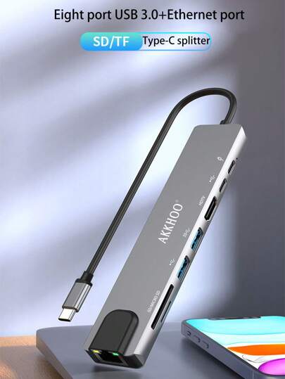 محطة إرساء متعددة الوظائف من سبيكة الألومنيوم بنوع C، بمنفذ إيثرنت، قارئ بطاقات، موزع USB