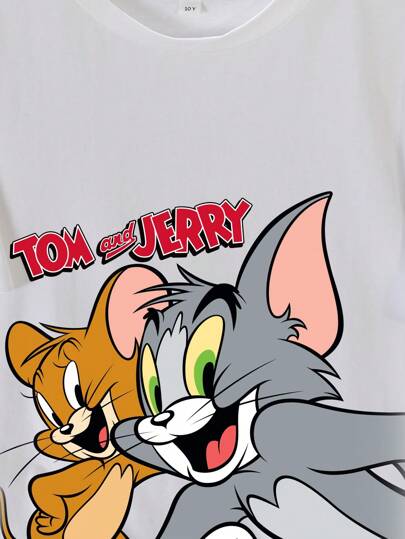 TOM & JERRY X SHEIN قميص تي شيرت بأكمام قصيرة بطباعة الكرتون للشباب، مناسب لارتداء الصيف