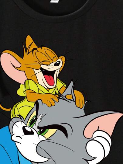 TOM & JERRY X SHEIN قميص قصير الأكمام كاجوال بطباعة كرتونية لصبي المراهقين، مناسب لفصل الصيف