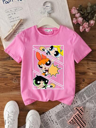 تيشيرتات بناتي THE POWERPUFF GIRLS X قميص صيفي بأكمام قصيرة وياقة دائرية للفتيات المراهقات بطبعات زهور، فقاعات، أزهار الزبدي ، أنيق وكاجوال