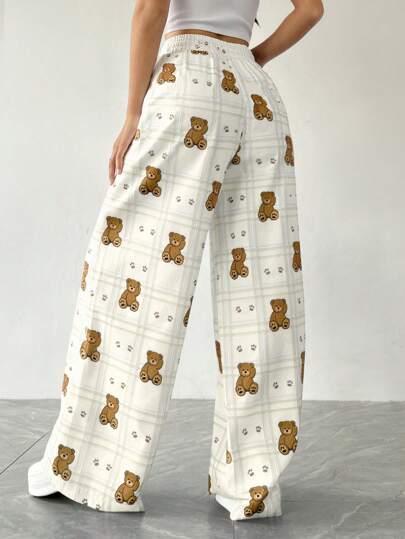 بنطلون كاجوال للبنات المراهقات مزين بطباعة الدب كامل الجسم، عصري وشامل