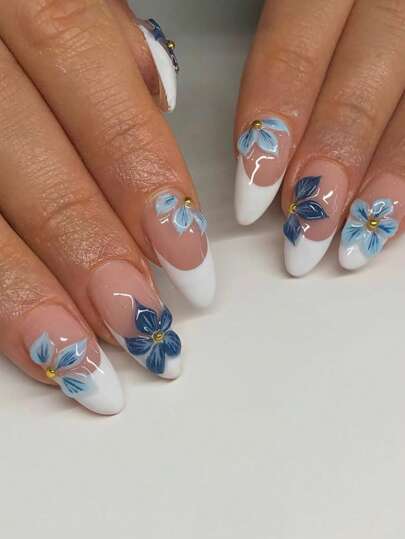 24 قطعة أظافر جل ثلاثية الأبعاد بزهور لوز فرنسية بيضاء، ملائمة تماما للأظافر الاكريليك الاصطناعية، تحتوي على 1 قطعة غراء جيلي و 1 قطعة مبرد أظافر، أظافر الصيف مناسبة للنساء والفتيات للاستخدام اليومي والدراسة والحفلات