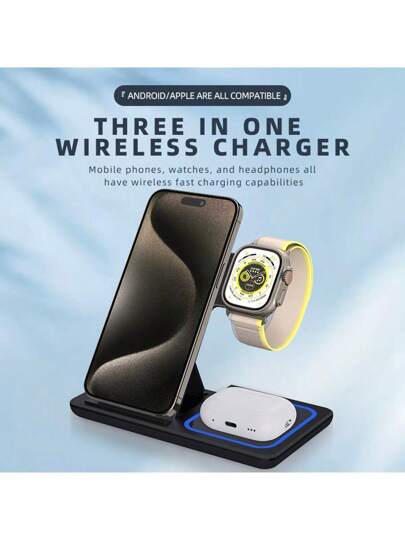 حامل شحن لاسلكي سريع ثلاثي الأغراض ، 15 واط تعرف على الشحن اللاسلكي الذكي بدون إلحاق الضرر بالجهاز ، تصميم إضاءة محيطة ، قابل للطي وللتخزين والسفر دون عبء ، مناسب لمكتب ، سكن الطلاب ، المنزل ، متوافق مع هواتف آيفون 16 15 14 13 12 11 إكس 8 بروماكس/برو/ميني