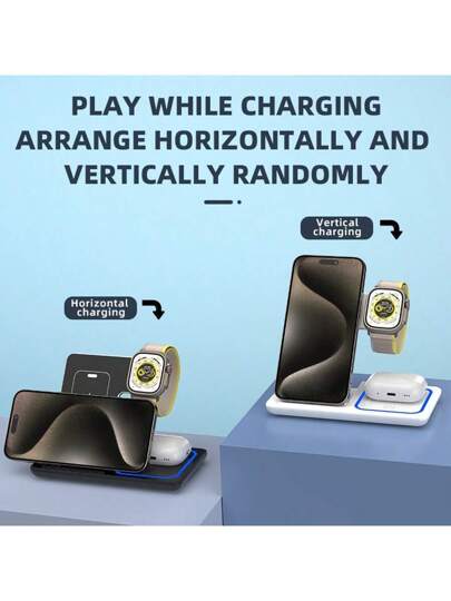 حامل شحن لاسلكي سريع ثلاثي الأغراض ، 15 واط تعرف على الشحن اللاسلكي الذكي بدون إلحاق الضرر بالجهاز ، تصميم إضاءة محيطة ، قابل للطي وللتخزين والسفر دون عبء ، مناسب لمكتب ، سكن الطلاب ، المنزل ، متوافق مع هواتف آيفون 16 15 14 13 12 11 إكس 8 بروماكس/برو/ميني